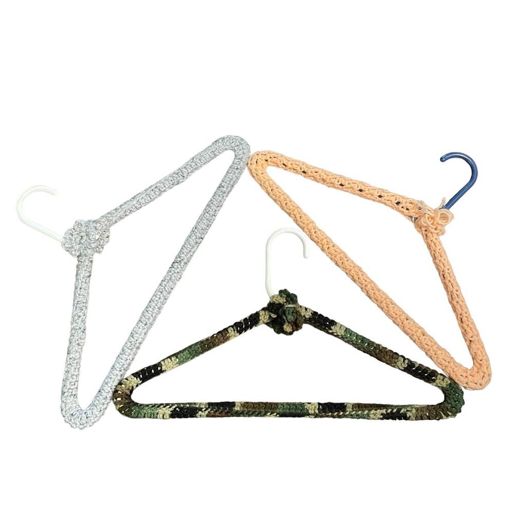 Vintage Crochet Covered‎ Clothes Hangers Set of 3 Peach Camo Gray